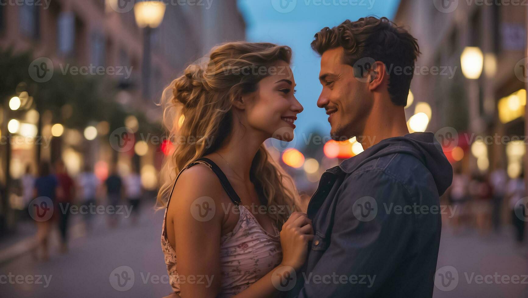 AI generated Couple in love, man and woman looking at each other on the street photo