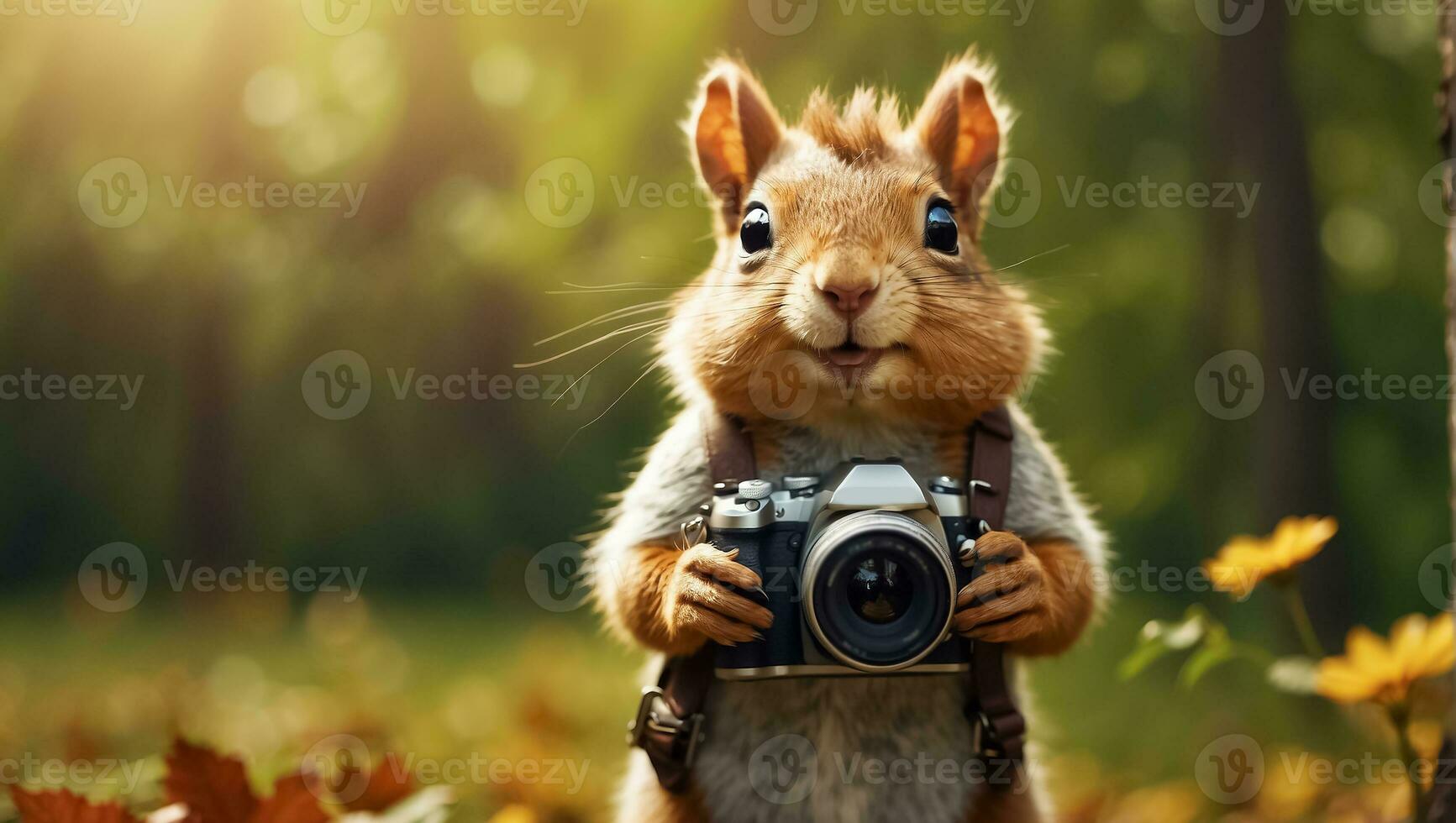 AI generated Cute friendly squirrel with a camera in the park photo