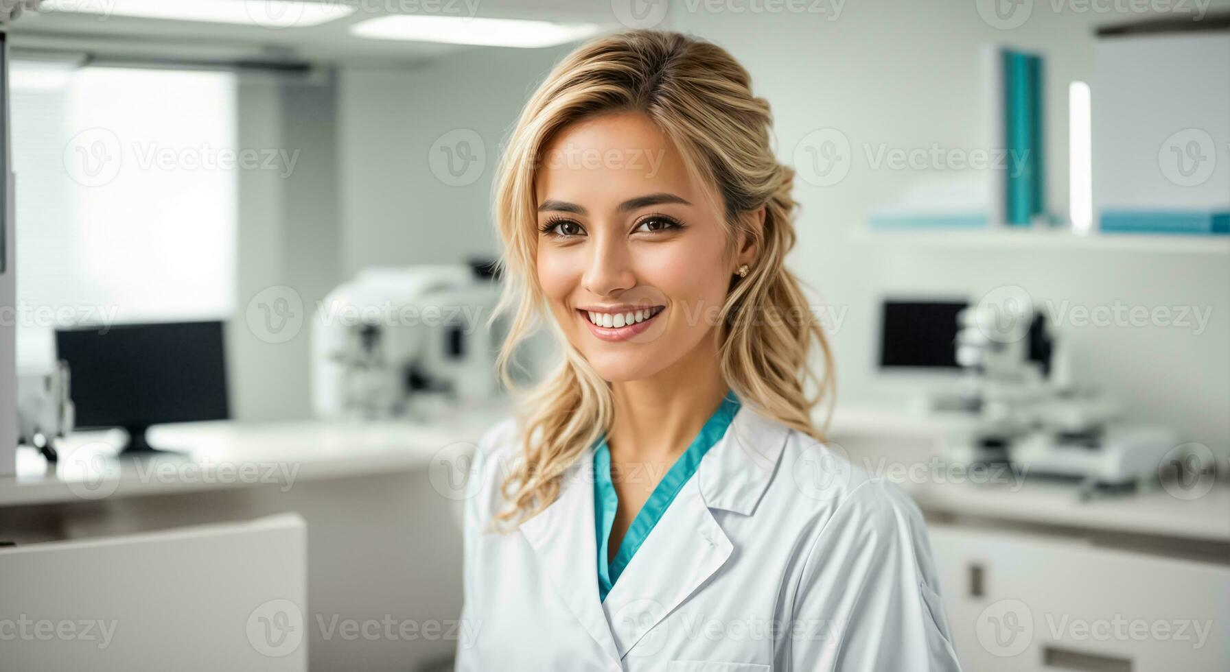 AI generated Beautiful smiling woman doctor in clinic photo