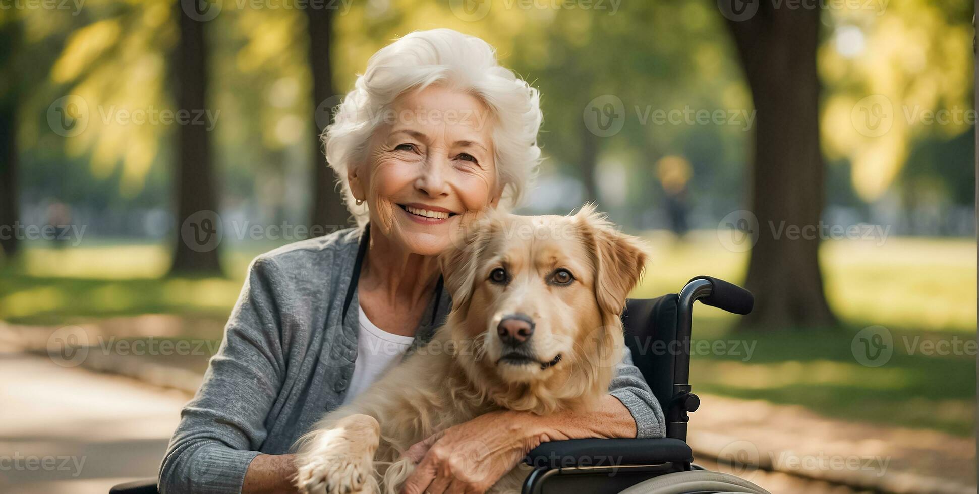 AI generated Elderly woman in a wheelchair with a dog outside in the park photo