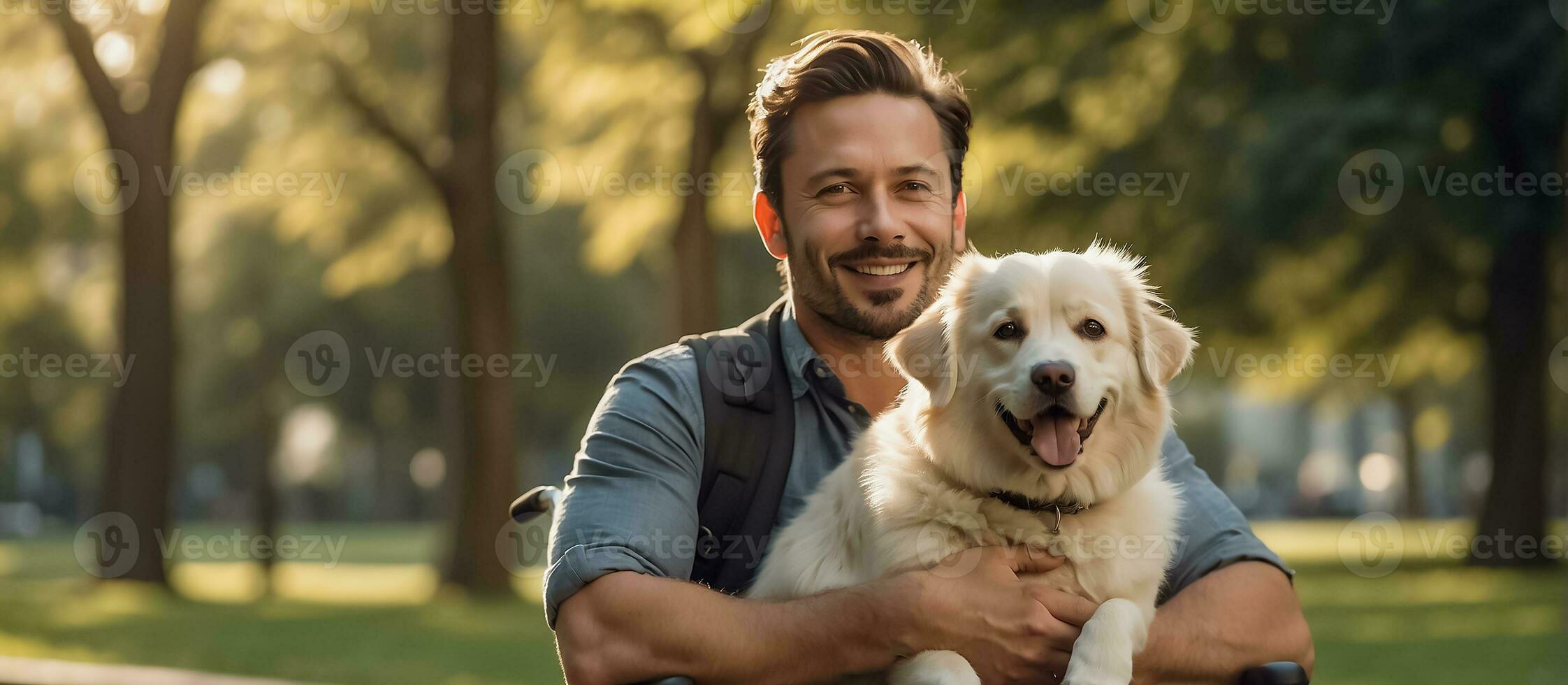 AI generated Man in a wheelchair with a dog on the street photo