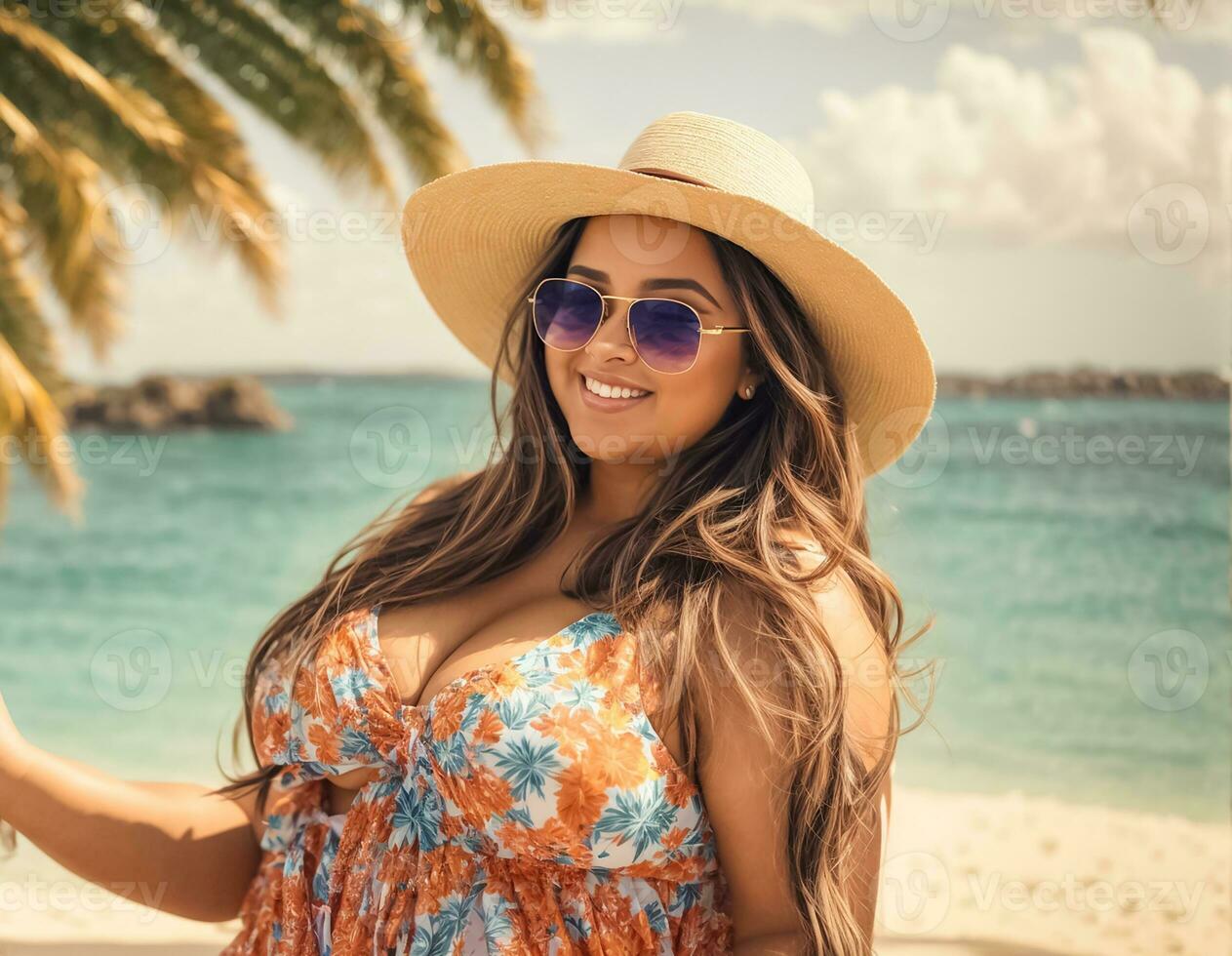 AI generated Beautiful fat girl in sunglasses against the background of the sea photo