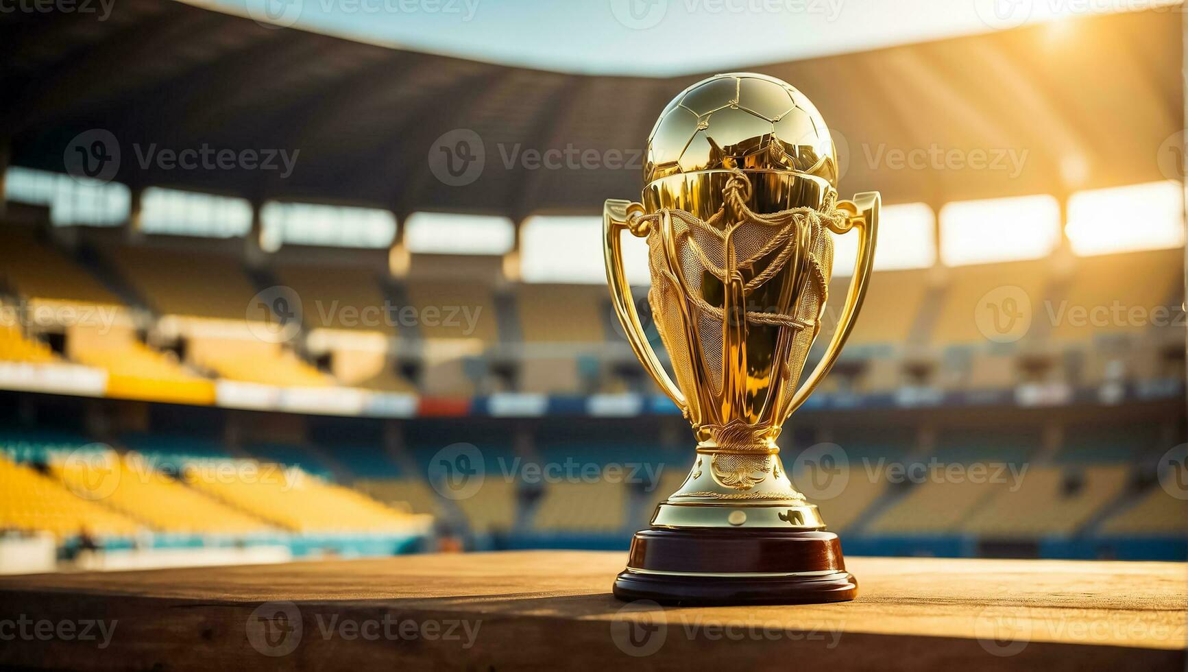 AI generated football championship gold cup at the stadium photo