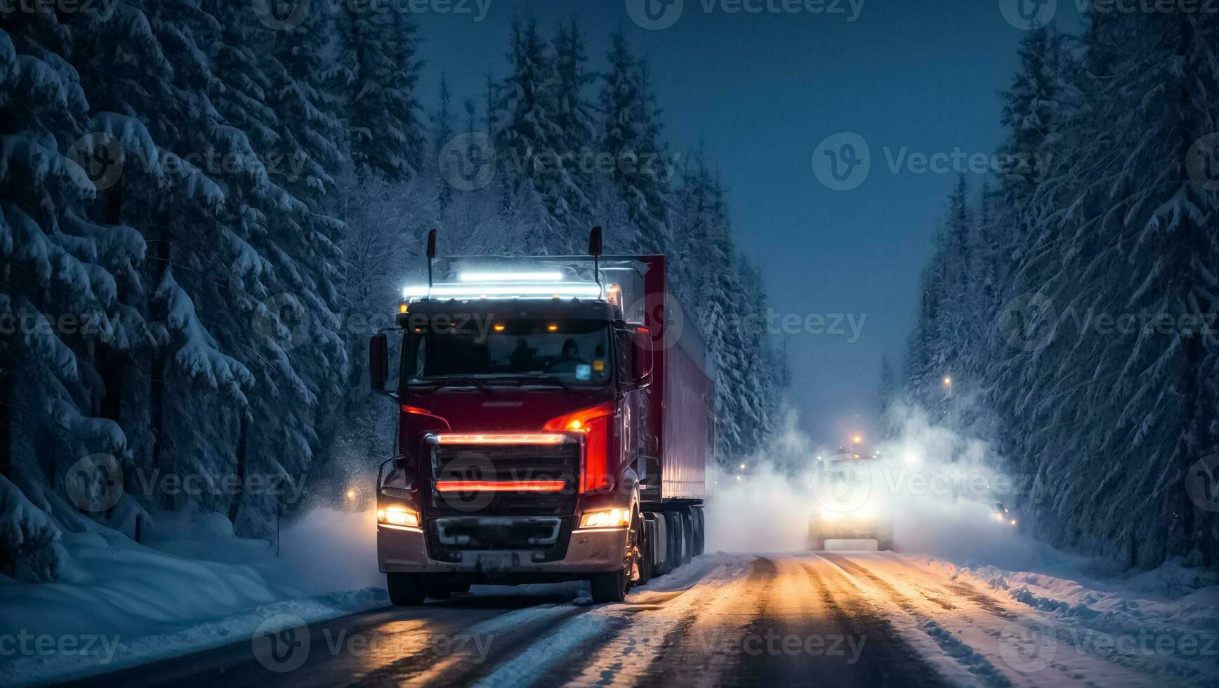 ai generado camión conducción en Nevado la carretera a noche foto