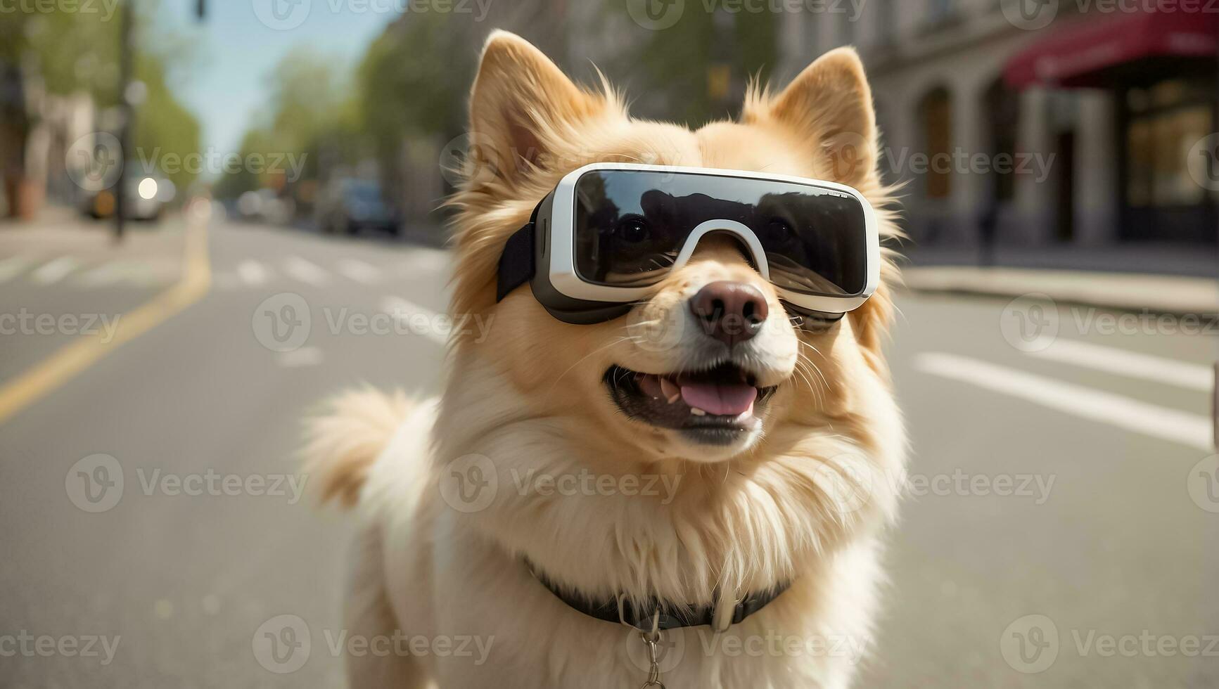 AI generated Cute dog wearing virtual reality glasses on the street photo