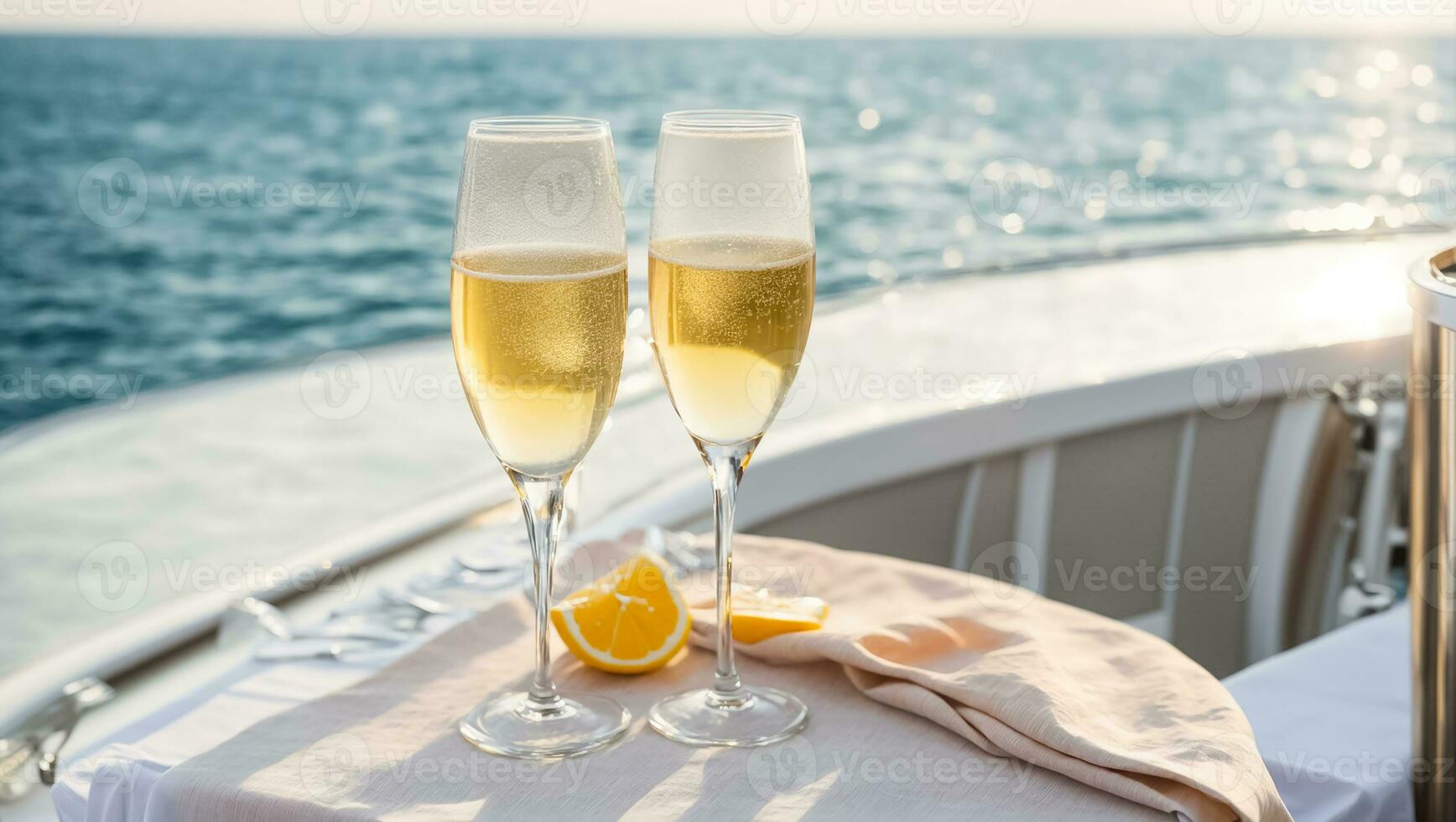 AI generated Glasses of champagne against the background of the sea photo