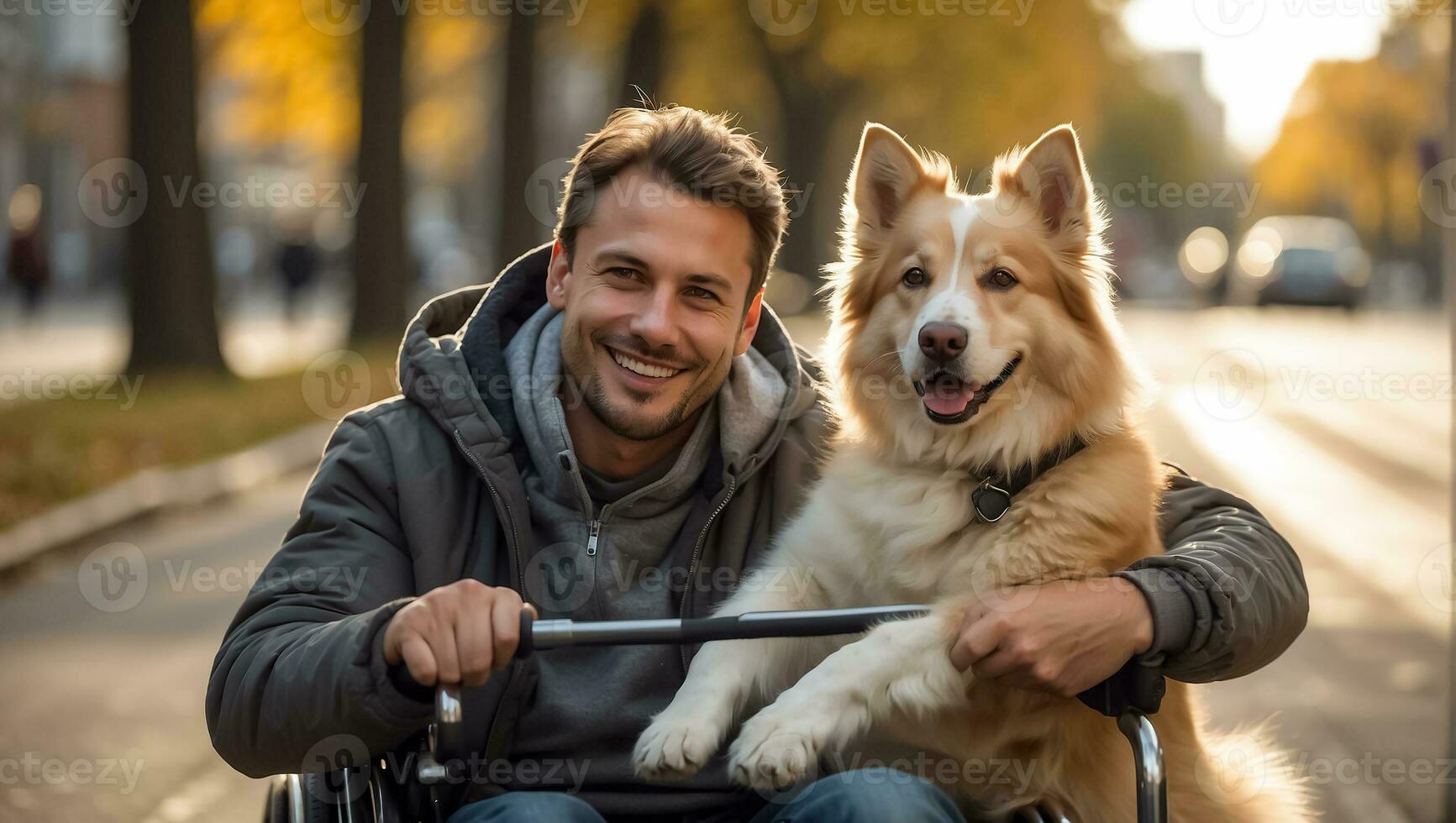 AI generated Man in a wheelchair with a dog on the street photo