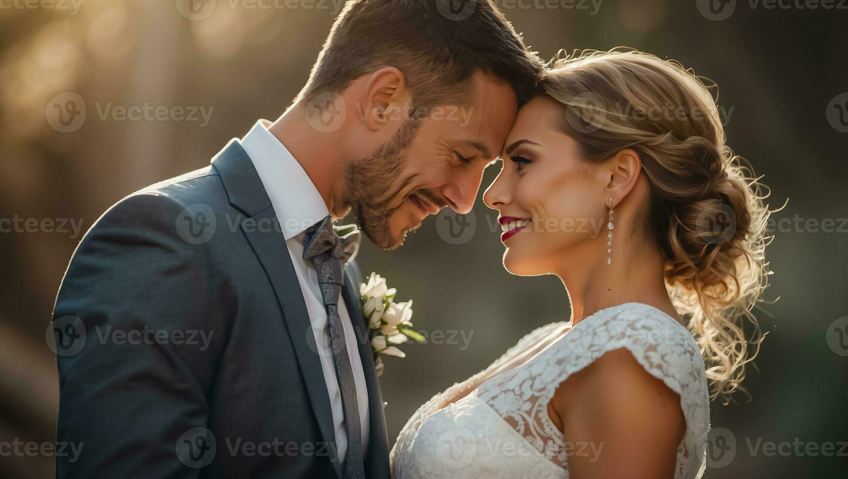 AI generated Portrait of a happy newlywed couple on the summer street photo