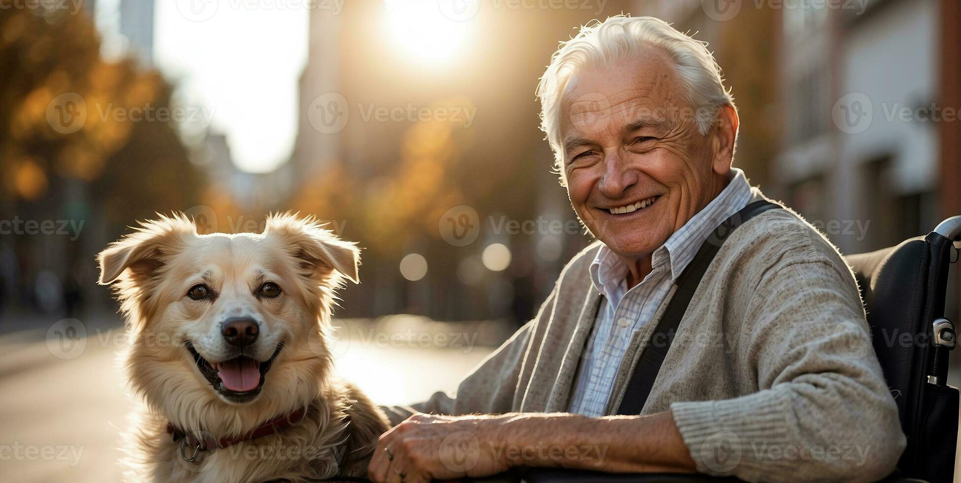 AI generated Elderly man in a wheelchair with a dog on the street photo