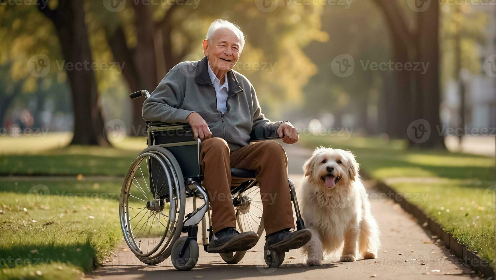 AI generated Elderly man in a wheelchair with a dog on the street photo