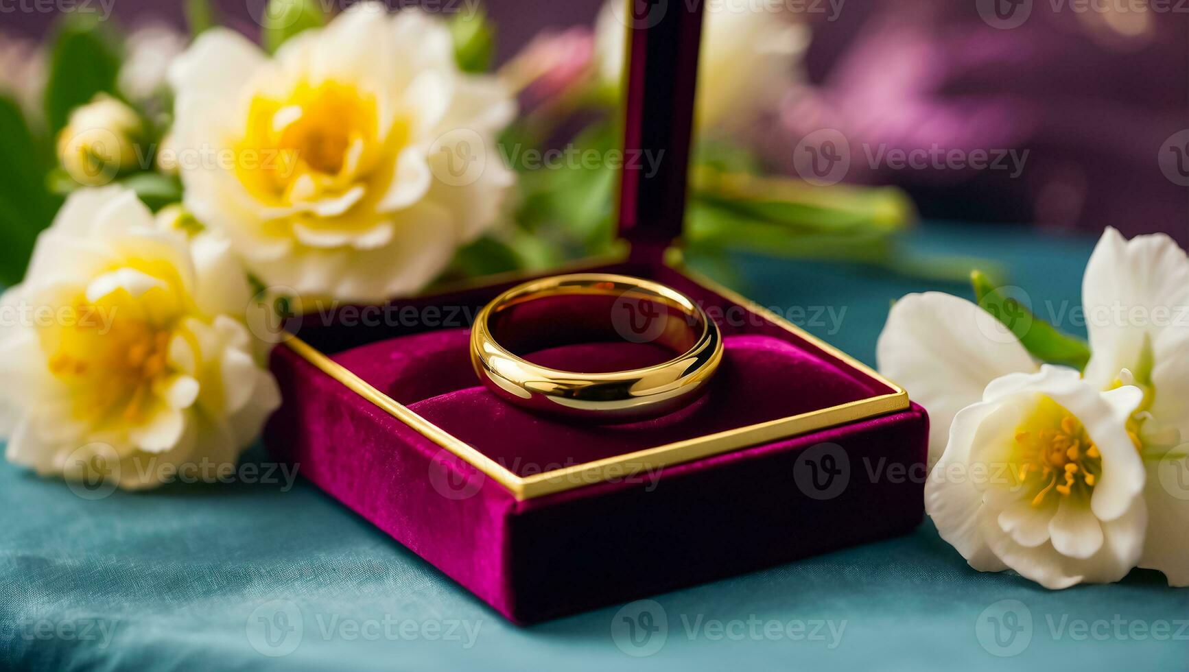 AI generated gold ring on a background of beautiful flowers anniversary photo
