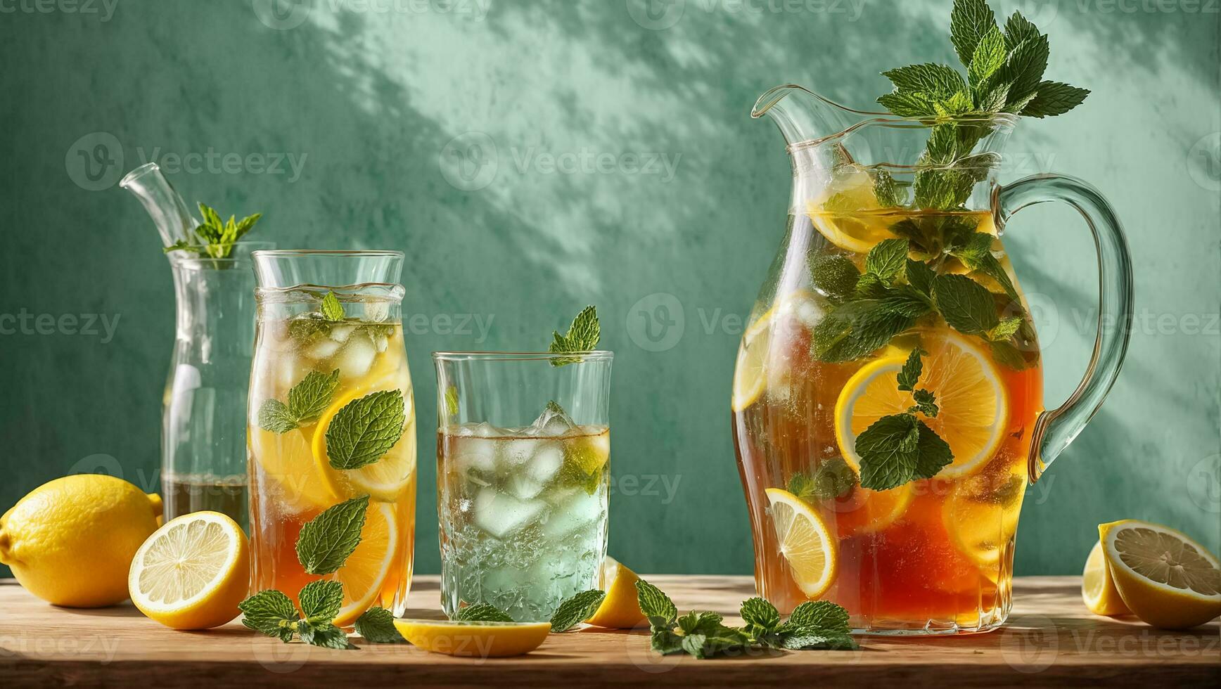 AI generated Cold tea with lemon and mint on the table in glass photo