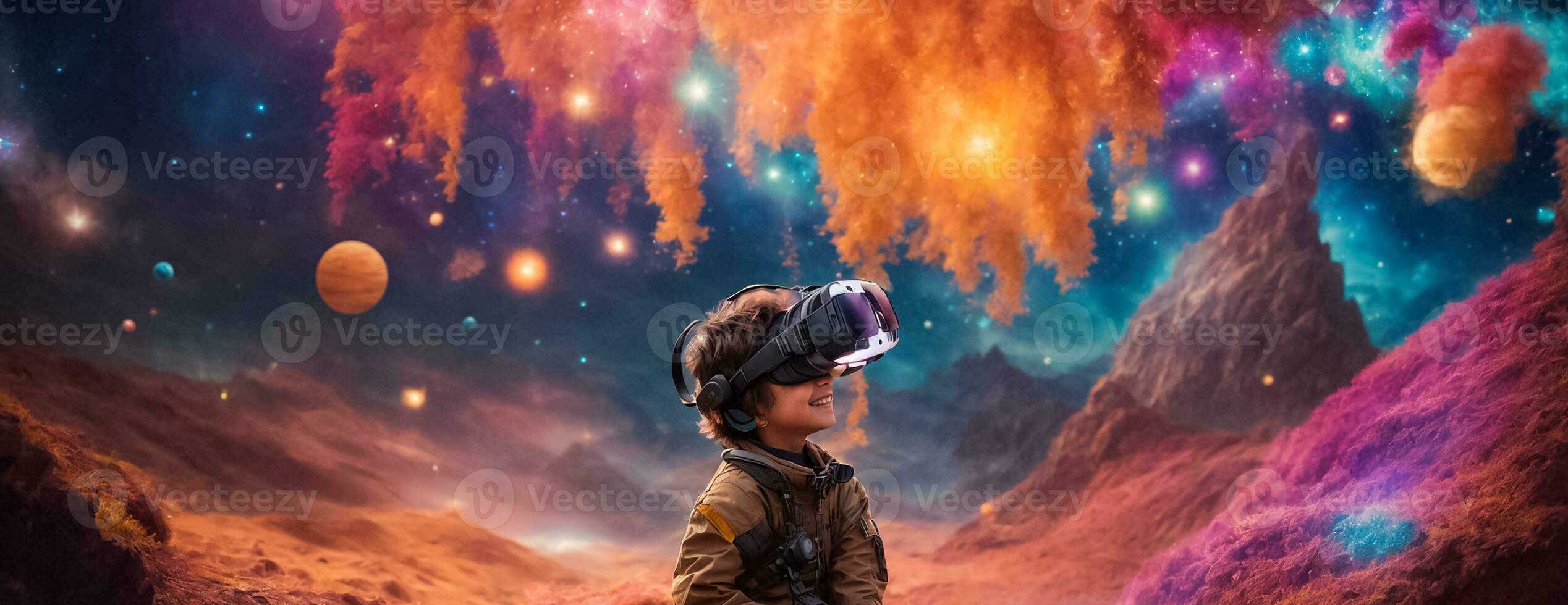 AI generated Little boy in virtual reality glasses photo