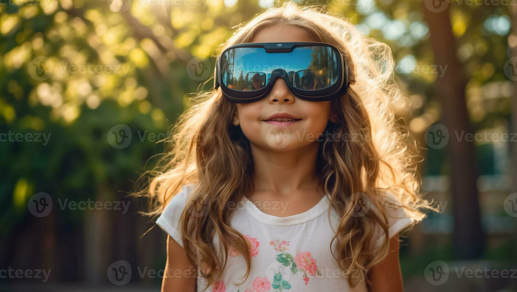 AI generated Girl in virtual reality glasses on the streets in summer photo