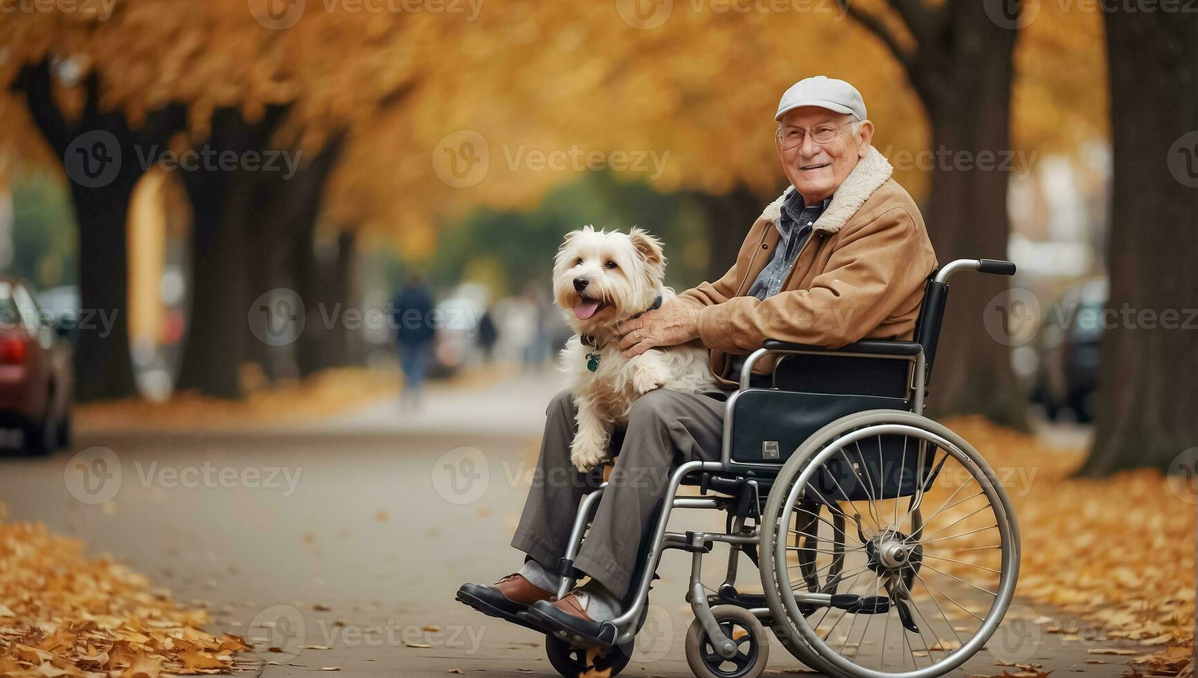 AI generated Elderly man in a wheelchair with a dog on the street photo