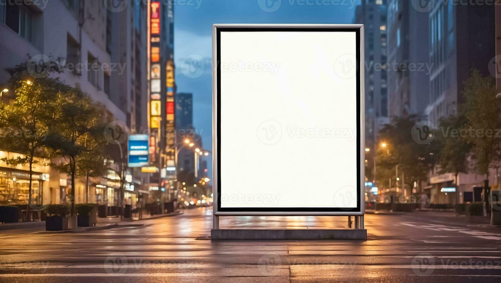 ai generado blanco publicidad bandera en el calle a noche foto