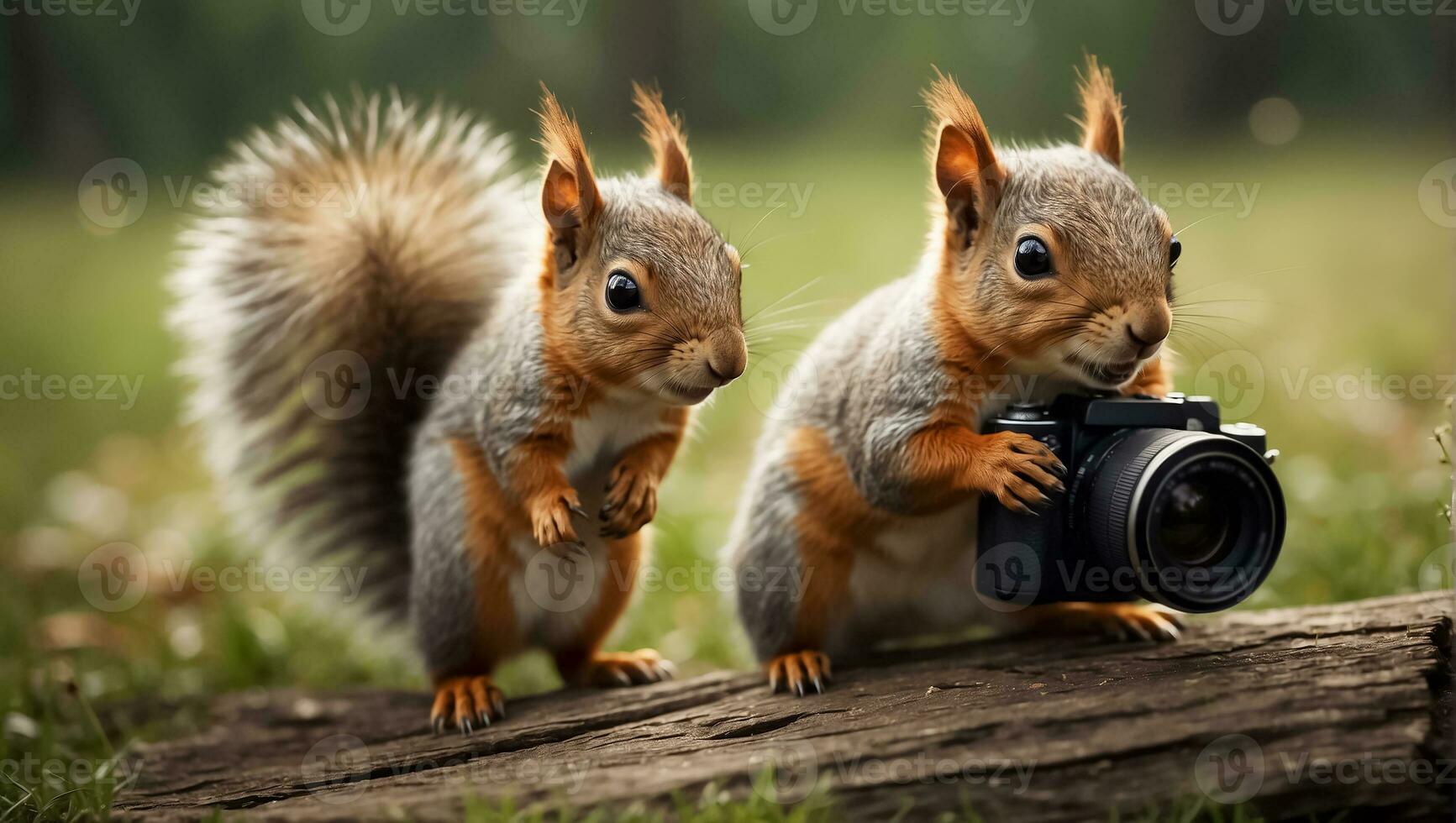 AI generated Cute friendly squirrel with a camera in the park photo
