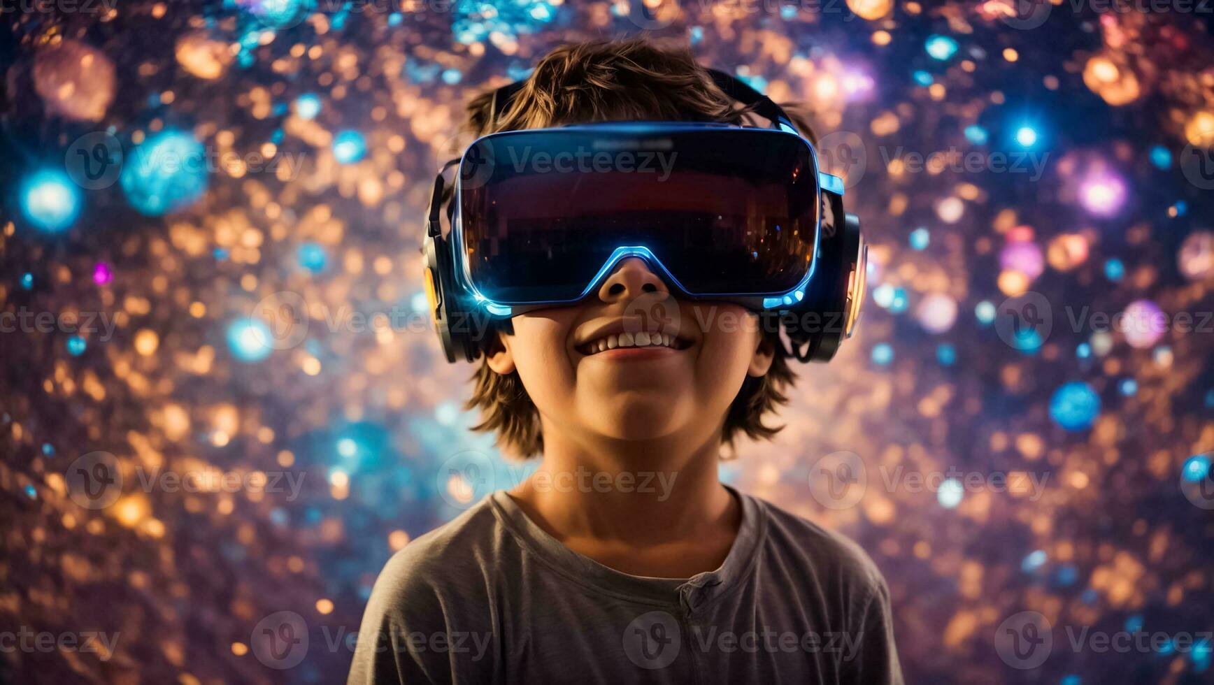 AI generated Little boy in virtual reality glasses photo
