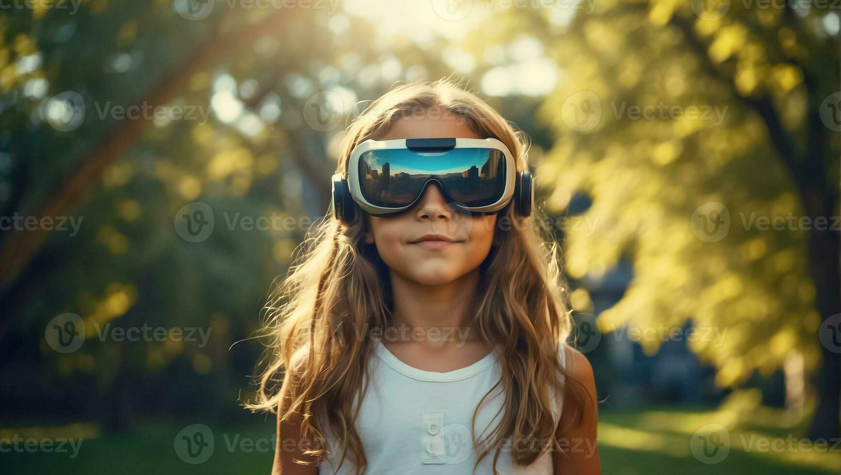 AI generated Girl in virtual reality glasses on the streets in summer photo