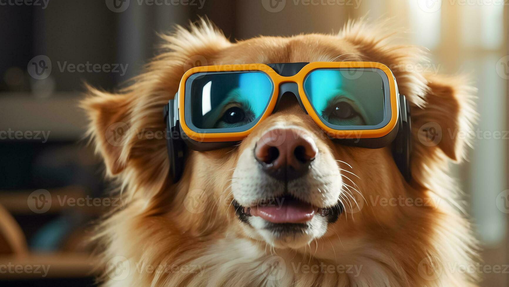 AI generated Cute dog with glasses at home photo