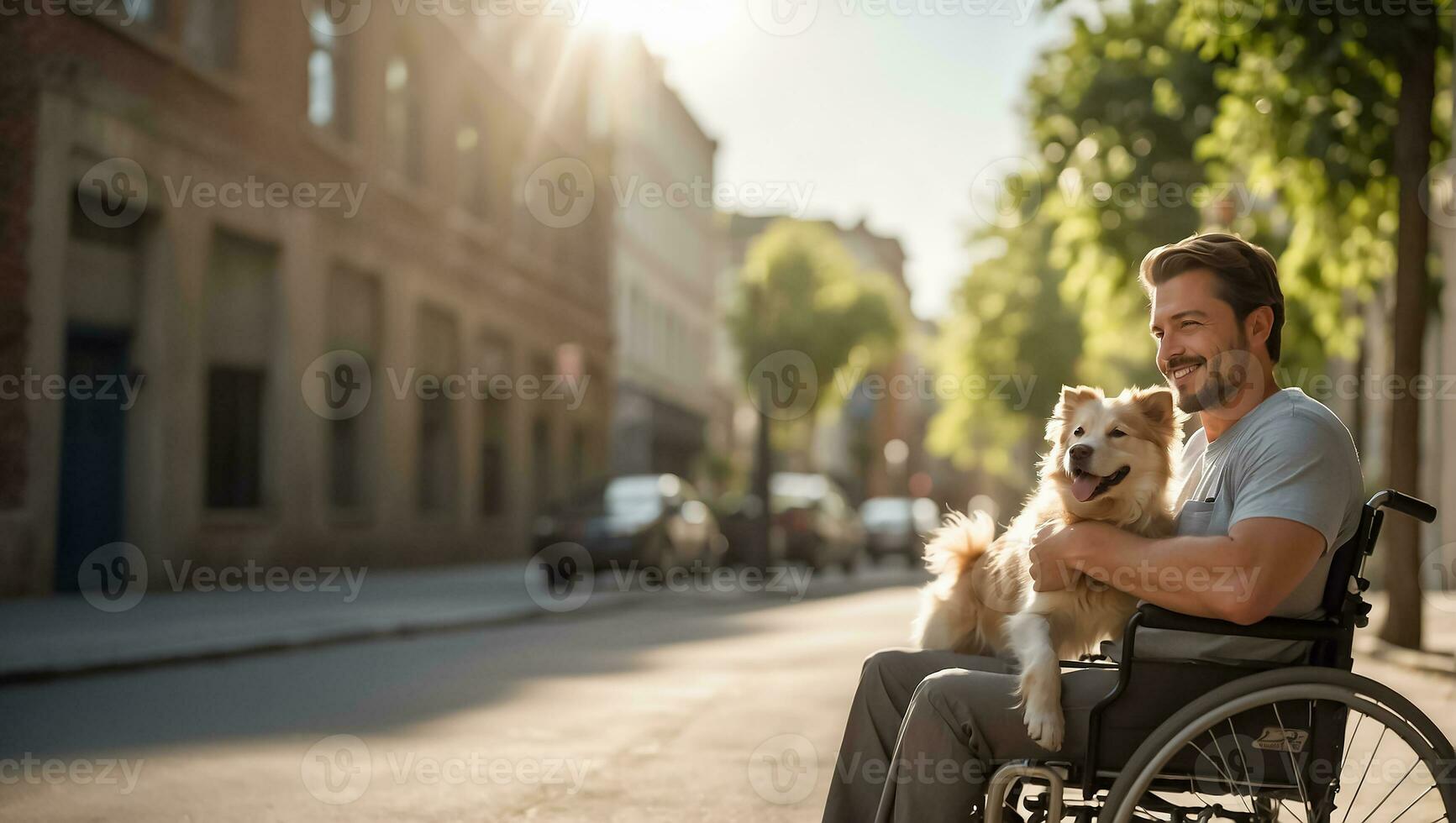 AI generated Man in a wheelchair with a dog on the street photo