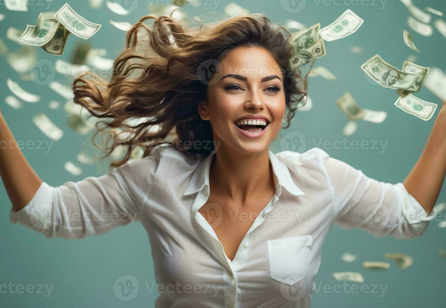 AI generated Happy beautiful girl falling dollars photo