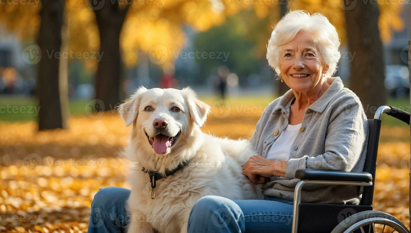 AI generated Elderly woman in a wheelchair with a dog outside in the park photo