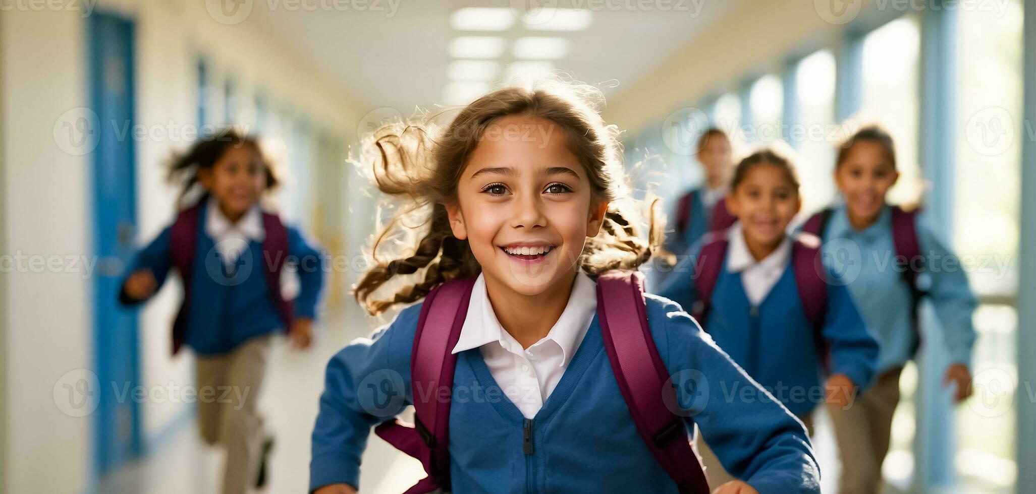 AI generated Happy schoolchildren running along the corridor photo