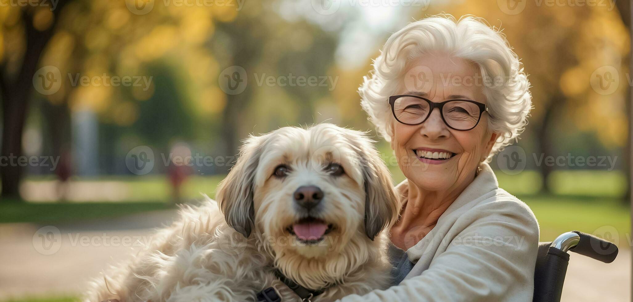 AI generated Elderly woman in a wheelchair with a dog outside in the park photo