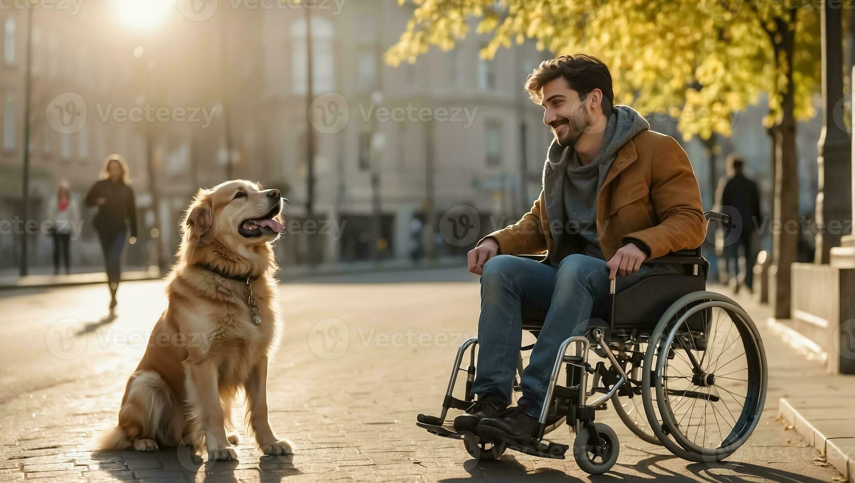 AI generated Man in a wheelchair with a dog on the street photo