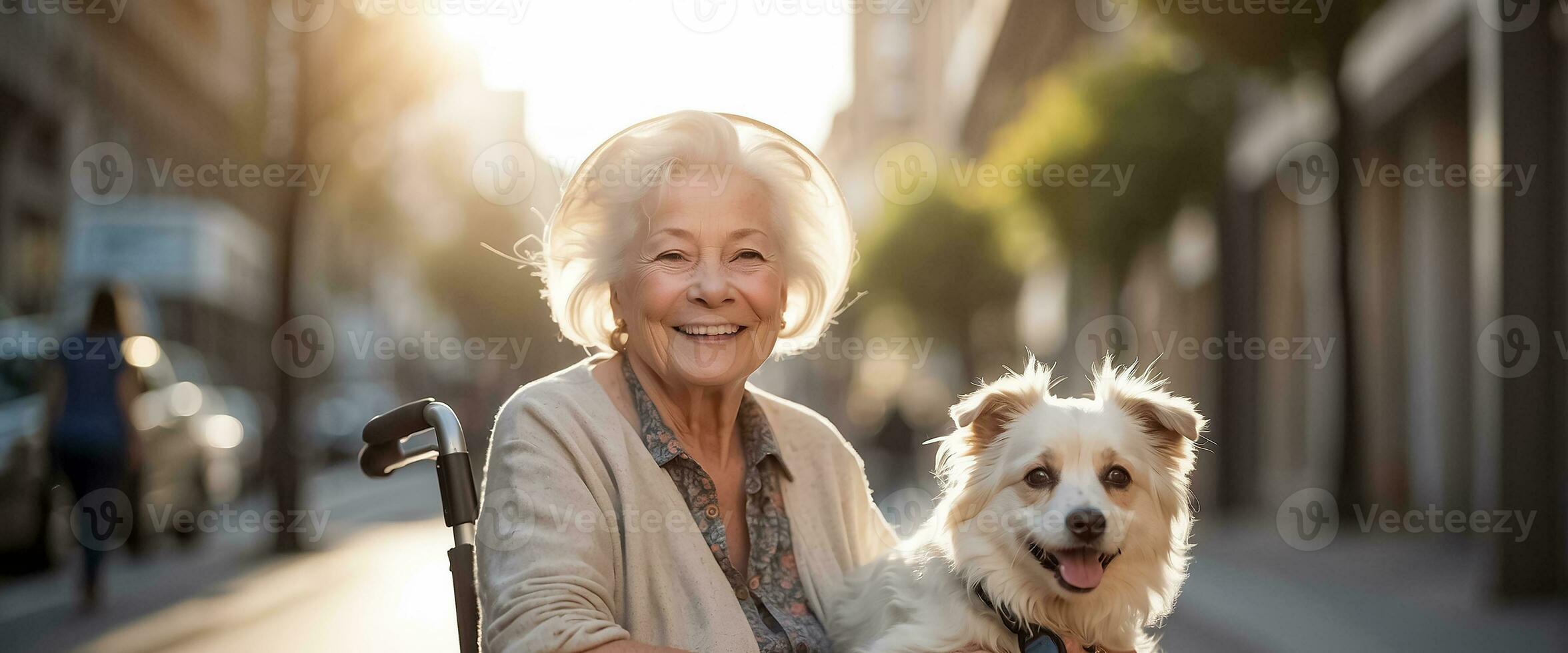 AI generated Elderly woman in a wheelchair with a dog outside in the park photo