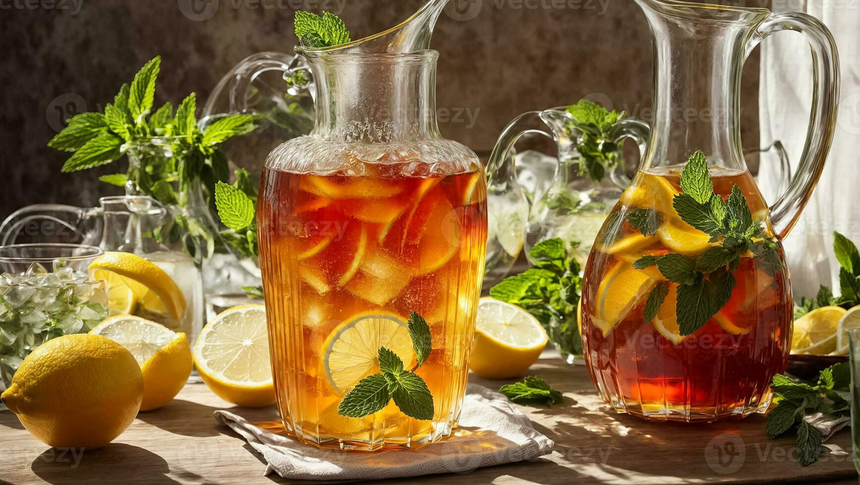 ai generado frío té con limón y menta en el mesa en vaso foto