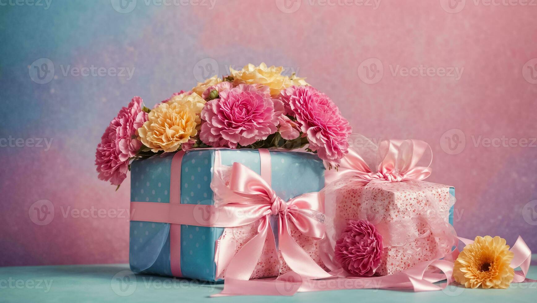 AI generated Gift box with bow and flowers photo
