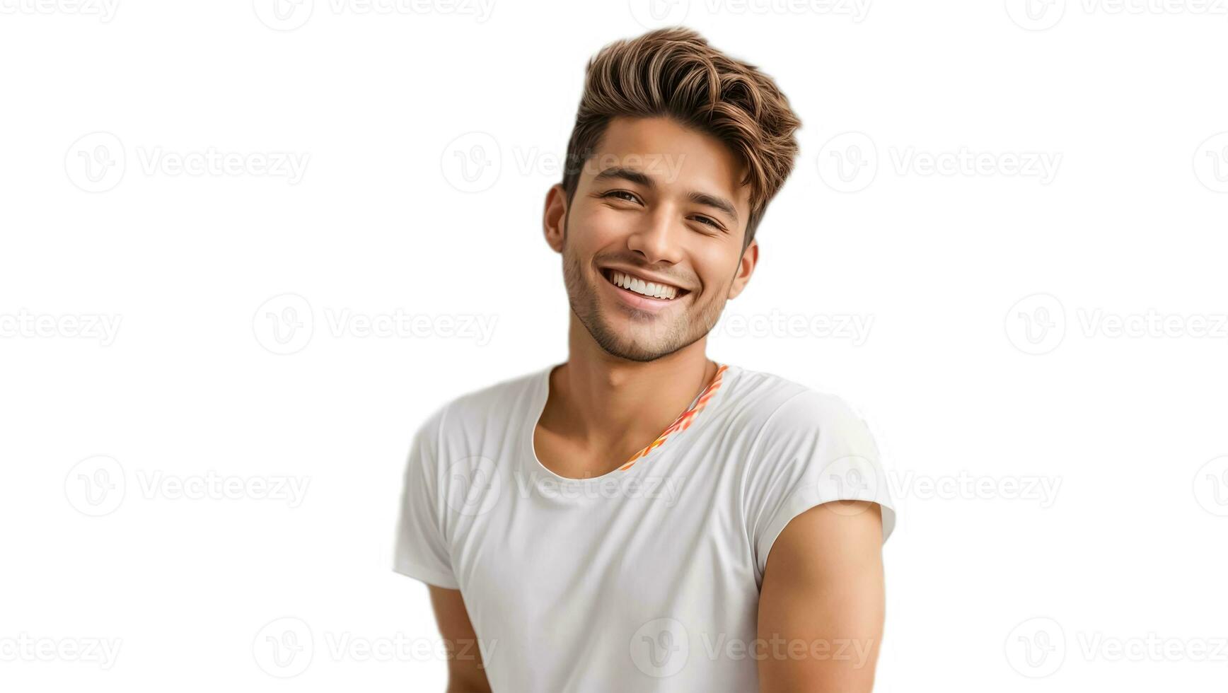 ai generado contento joven chico en un blanco camiseta aislado foto