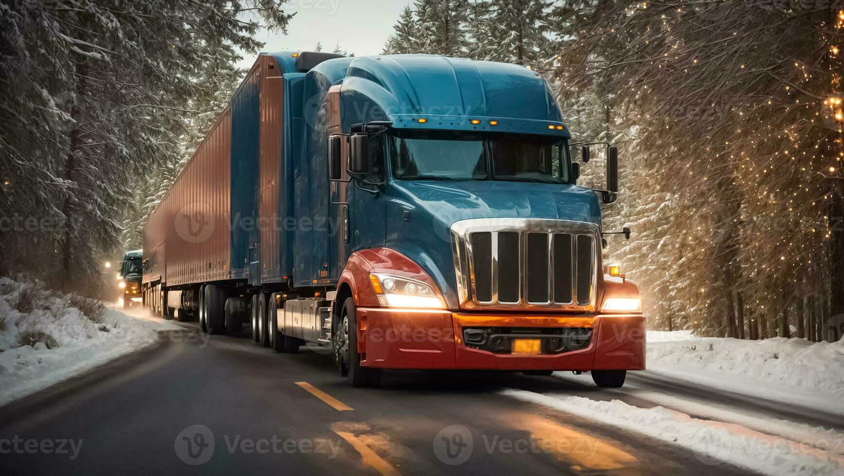 AI generated Truck driving along a snowy road during the day photo