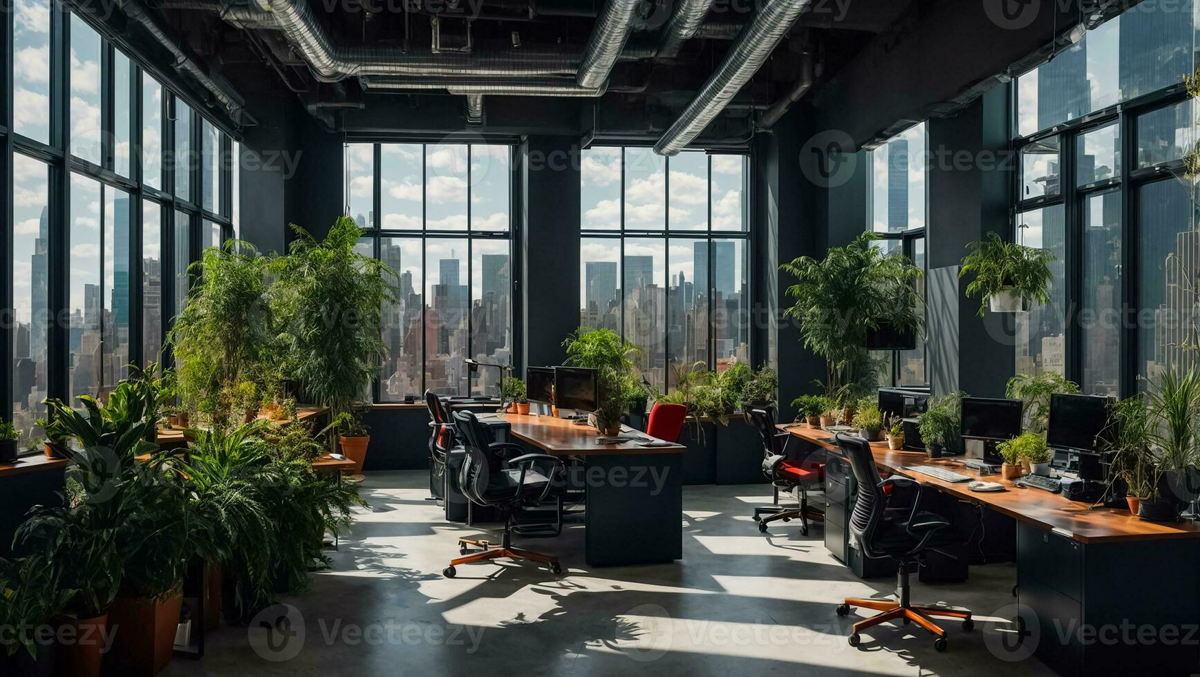 AI generated Empty office with flowerpots photo