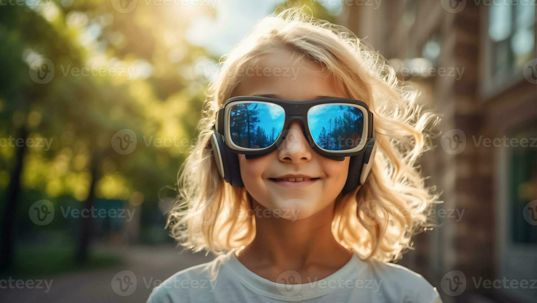 AI generated Girl in virtual reality glasses on the streets in summer photo