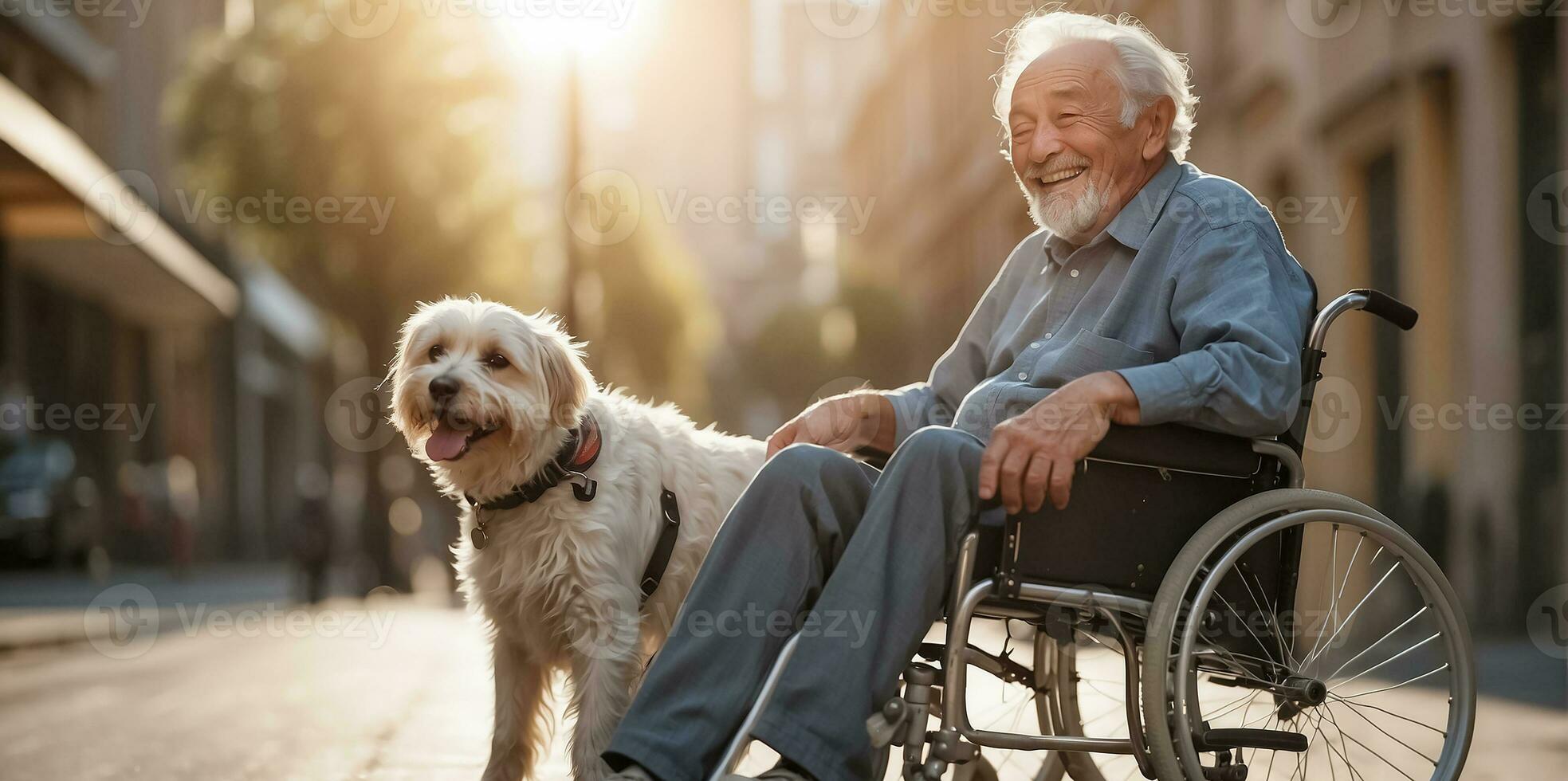 AI generated Elderly man in a wheelchair with a dog on the street photo