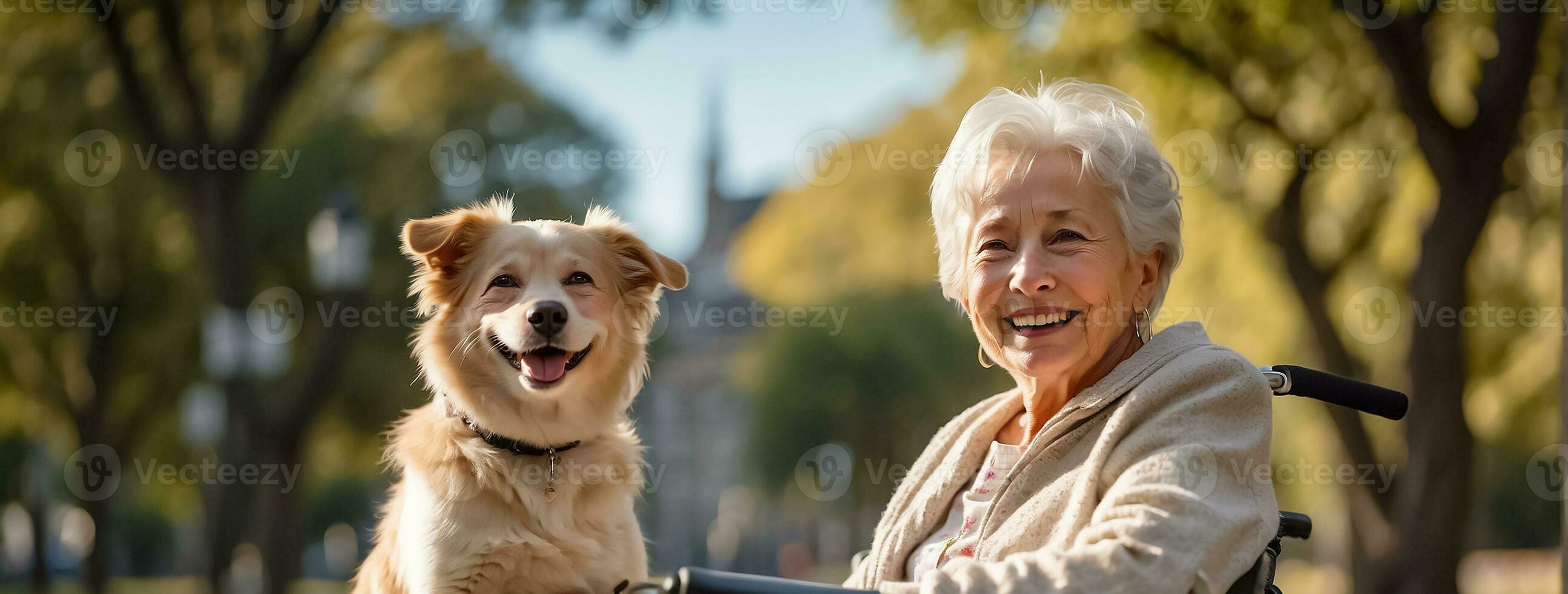 AI generated Elderly woman in a wheelchair with a dog outside in the park photo