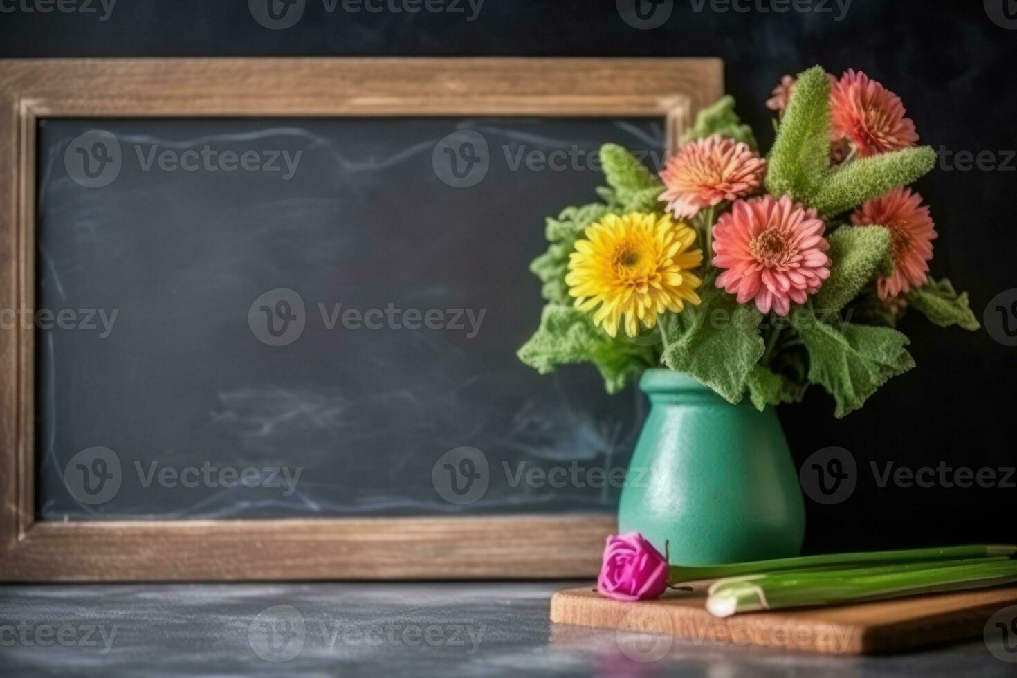 AI generated Vibrant flowers bloom on a green chalkboard in a close up shot, diverse education and teachers day image photo