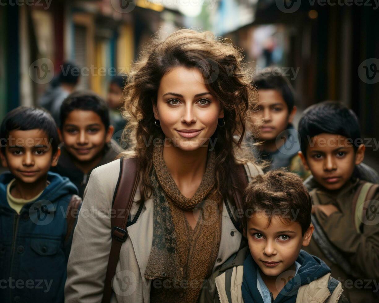 AI generated Woman stands with several children on the school road, diverse education and teachers day image photo