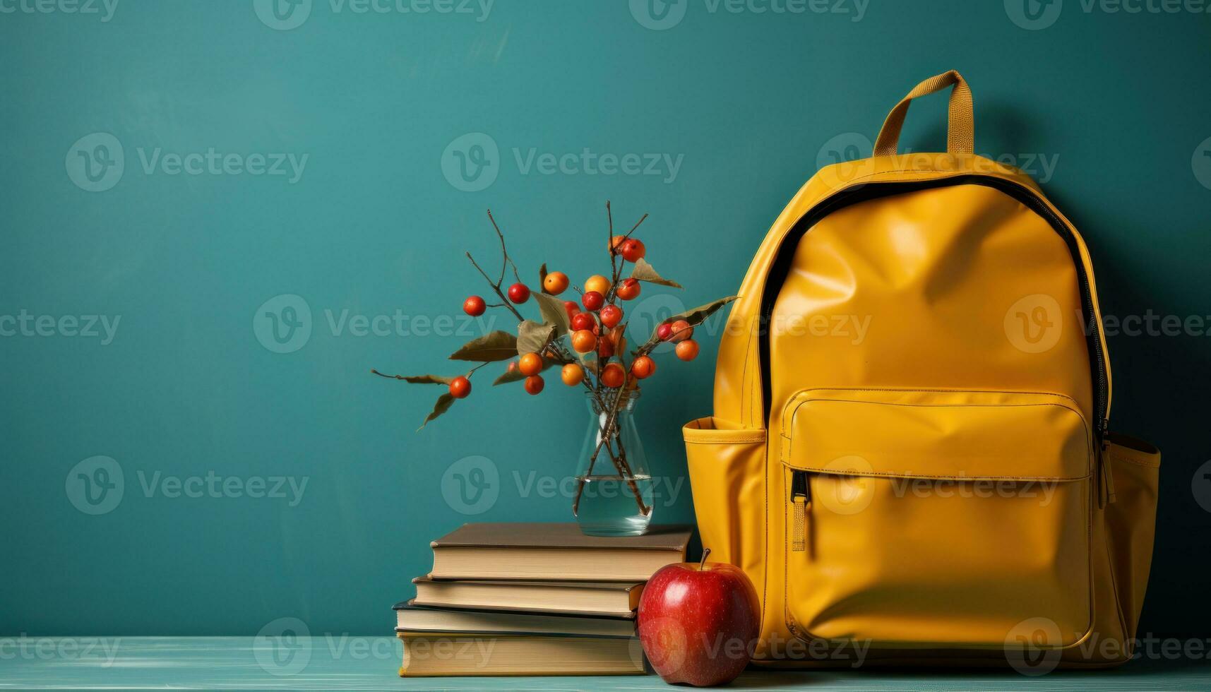 AI generated A bright yellow backpack and a juicy apple rest on a cool blue wall surrounded by books, diverse education and teachers day image photo