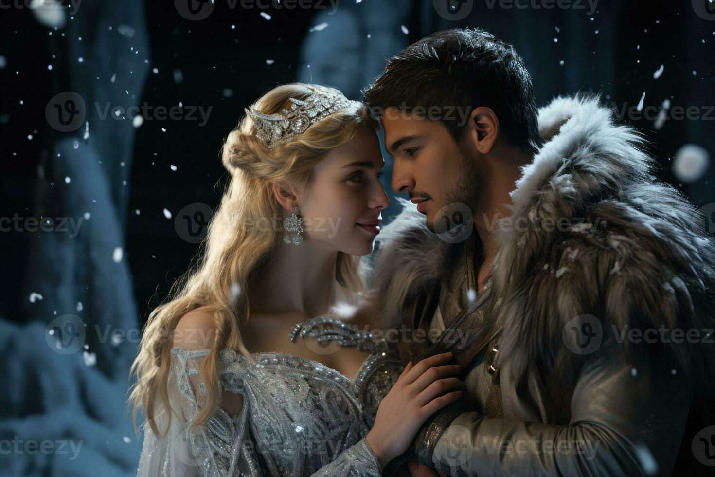 AI generated A couple immersed in a winter fairytale with stunning ice sculptures and a castle, valentine, dating and love proposal image photo
