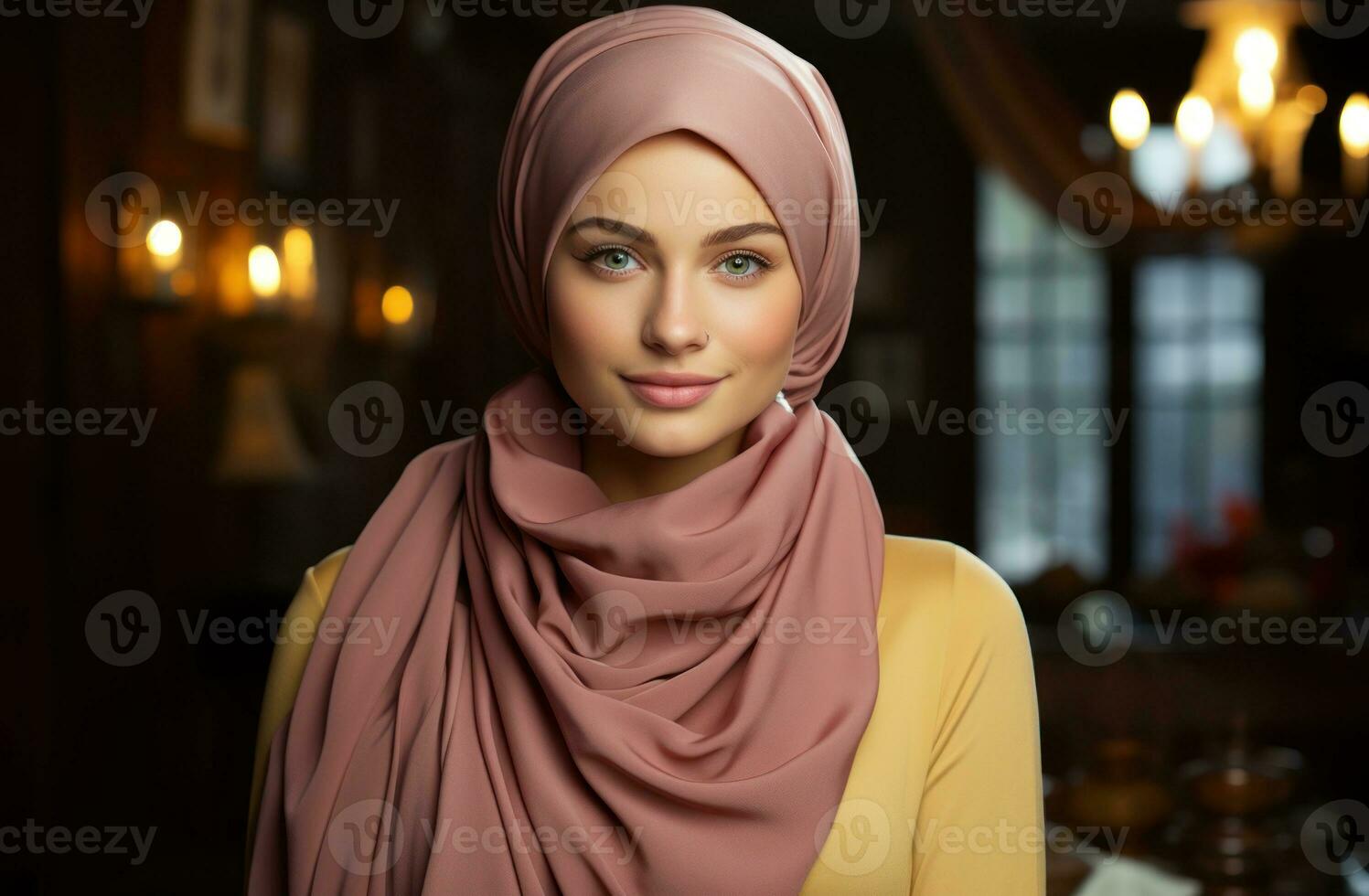 AI generated Radiant woman adorned in a pink hawa embellished with yellow and gold, islamic images photo