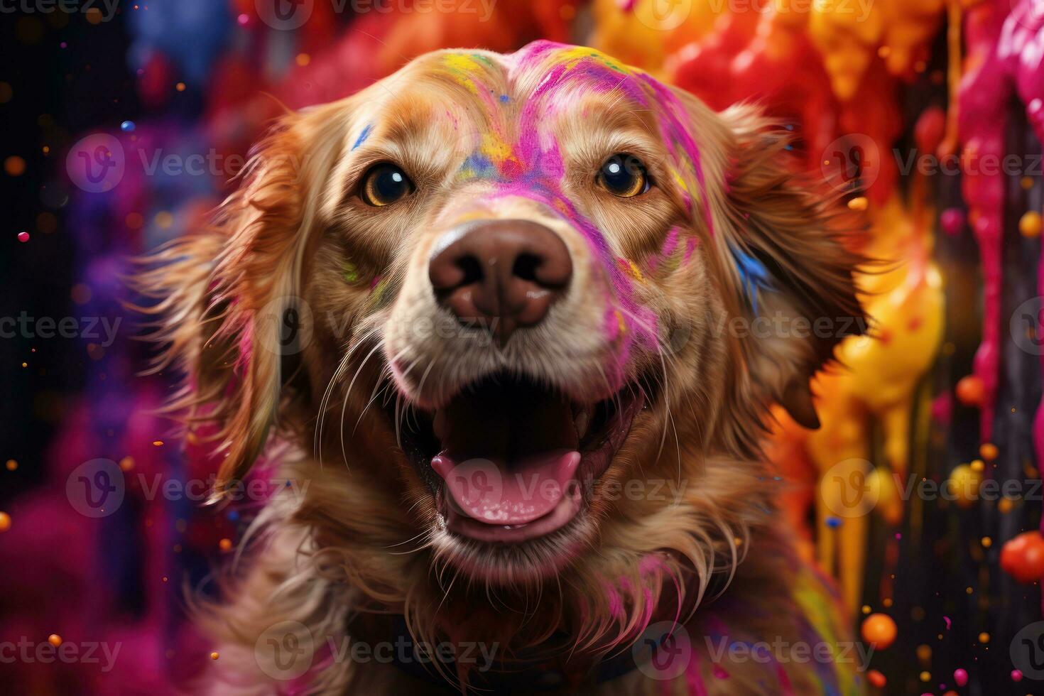 AI generated Playful pet covered in vibrant holi colors, holi festival images hd photo