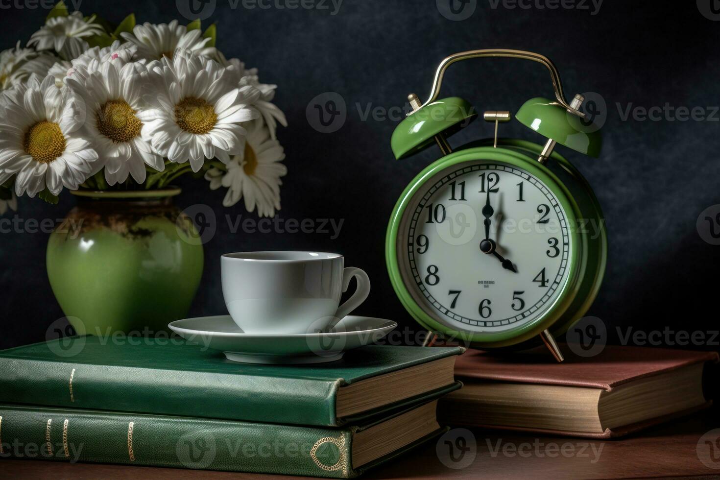 AI generated A cozy scene with a book apple alarm clock and daisies on a table, diverse education and teachers day image photo