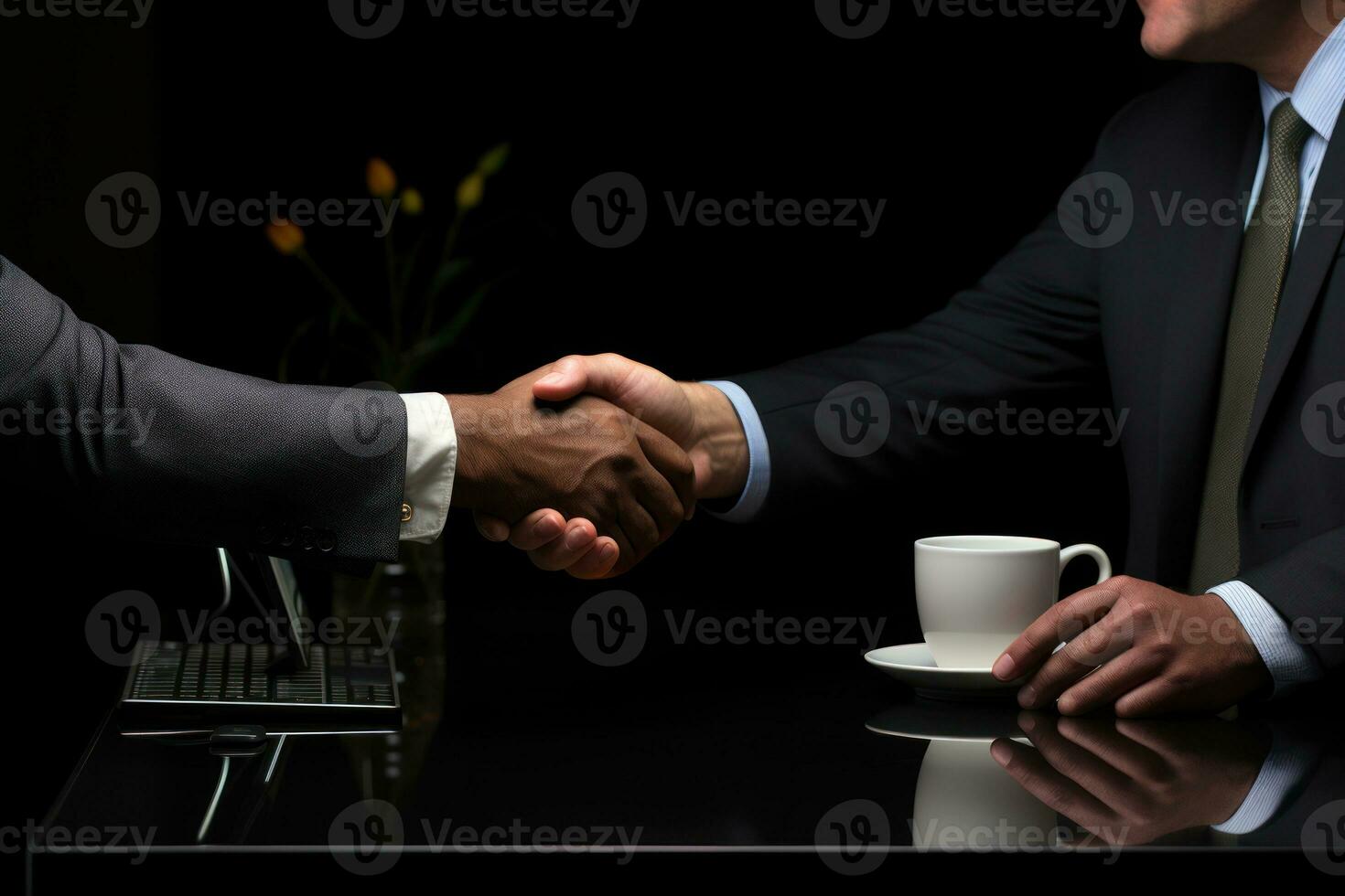 AI generated Two professionals shaking hands at a computer table, professional business meeting image photo