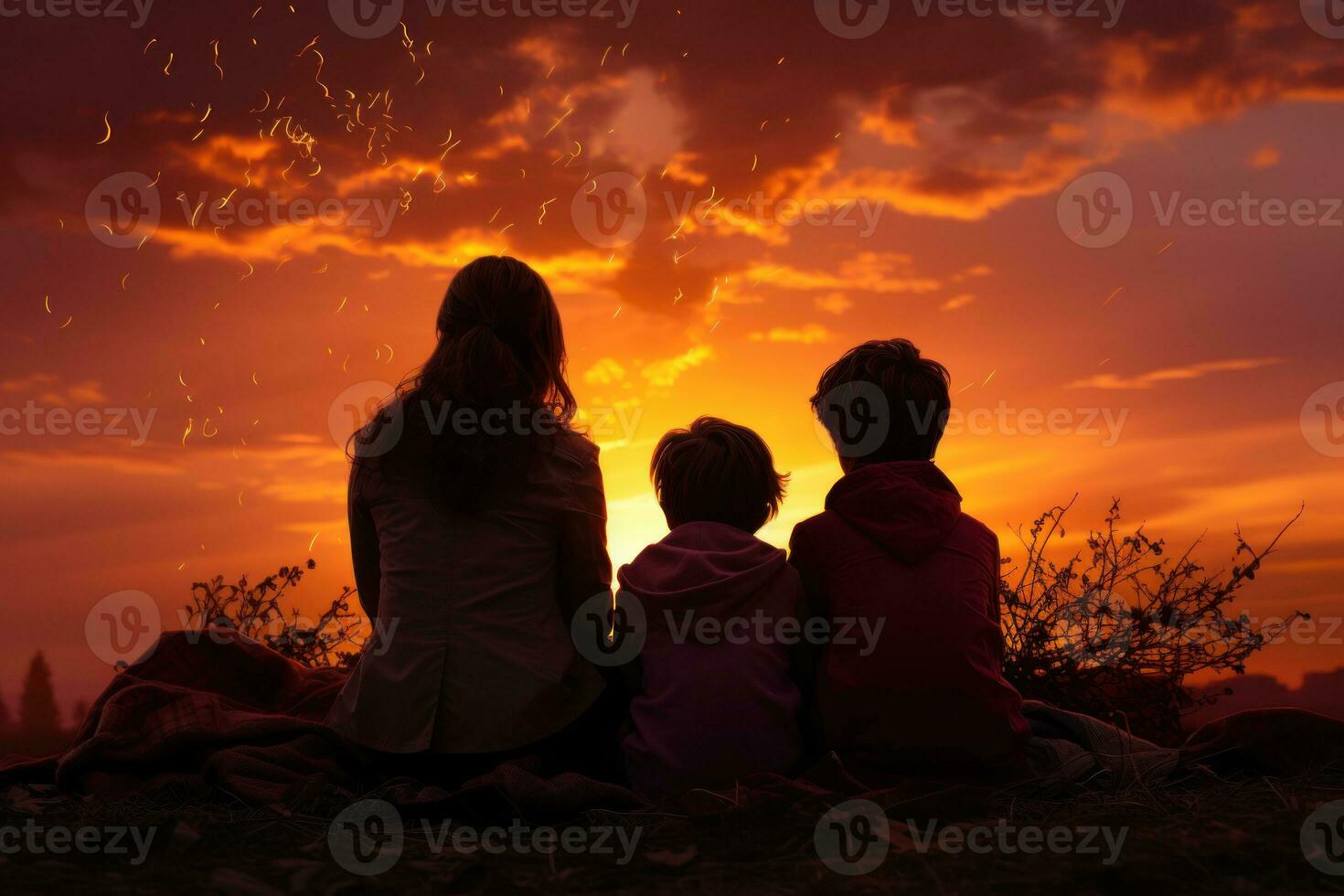 AI generated A magical silhouette of a mother and children reading against a vibrant sunset sky, beautiful book images photo