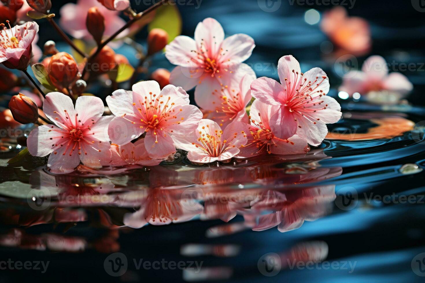 AI generated Floating blossoms in tranquil waters, spring photography photo