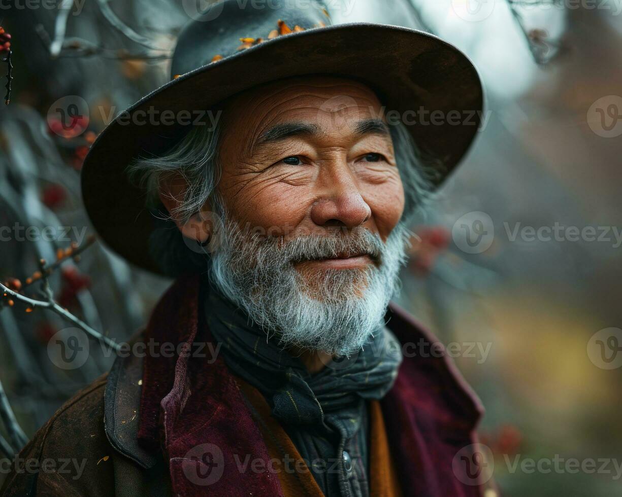 AI generated Smiling grandpa in the park with a hat, active seniors lifestyle images photo